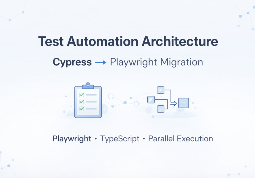 Banner image for a test automation case study showing the title “Test Automation Architecture: Cypress to Playwright Migration” with references to Playwright, TypeScript, and parallel test execution.